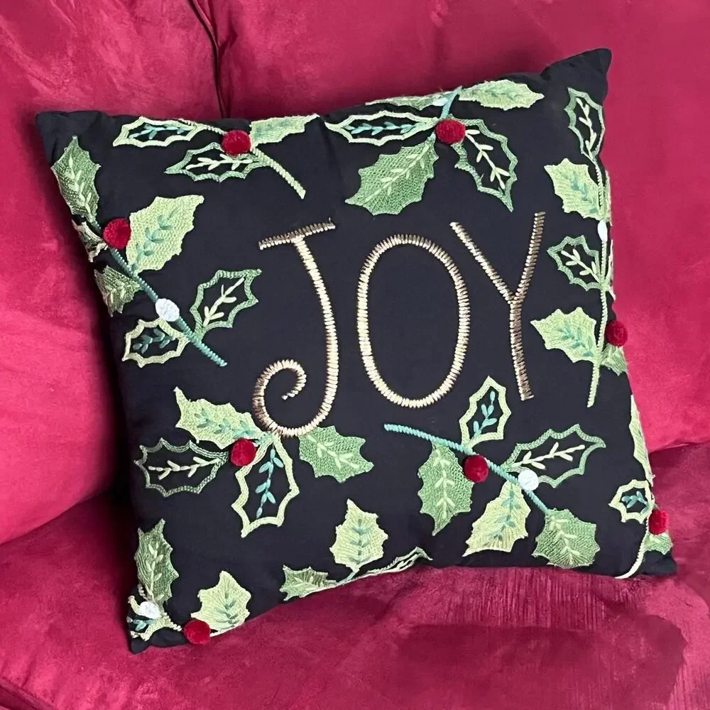 Pier 1 Holiday Accent Pillow 'JOY' Holly Leaves Berries Embroidered Christmas